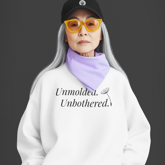 Person with long gray hair wearing a white hoodie with bold front text, yellow sunglasses, and a black cap on a dark background