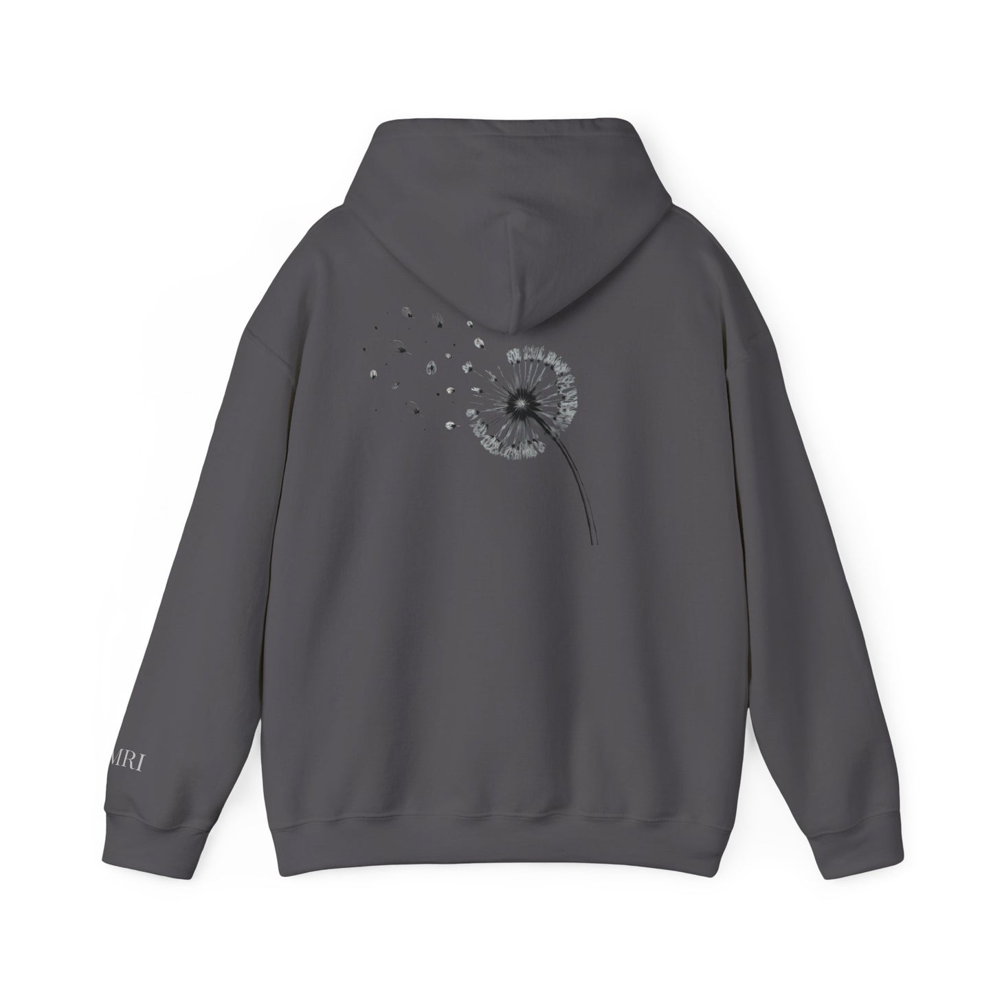 Charcoal  drift different. hoodie with a dandelion graphic on the back against a white background