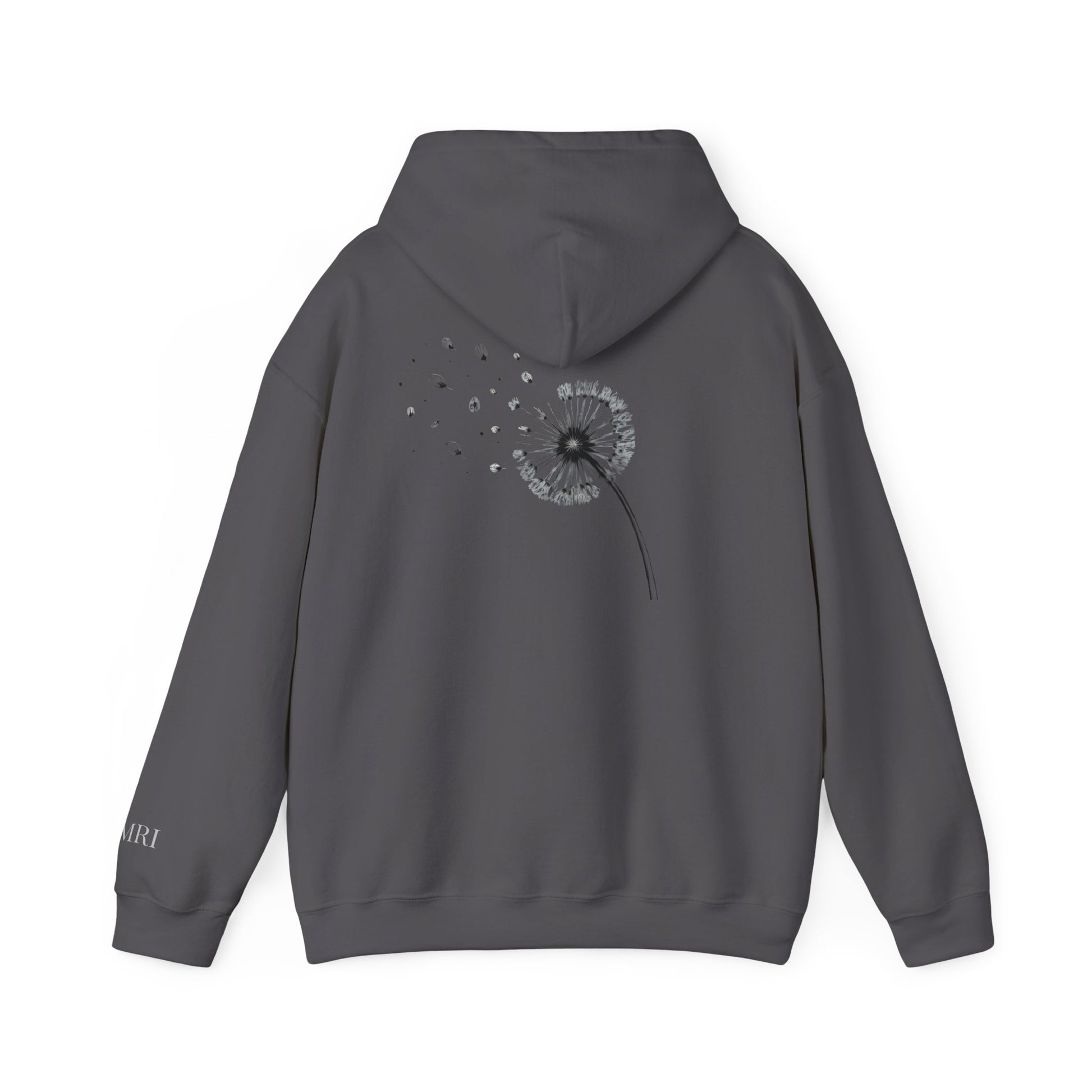 Charcoal  drift different. hoodie with a dandelion graphic on the back against a white background