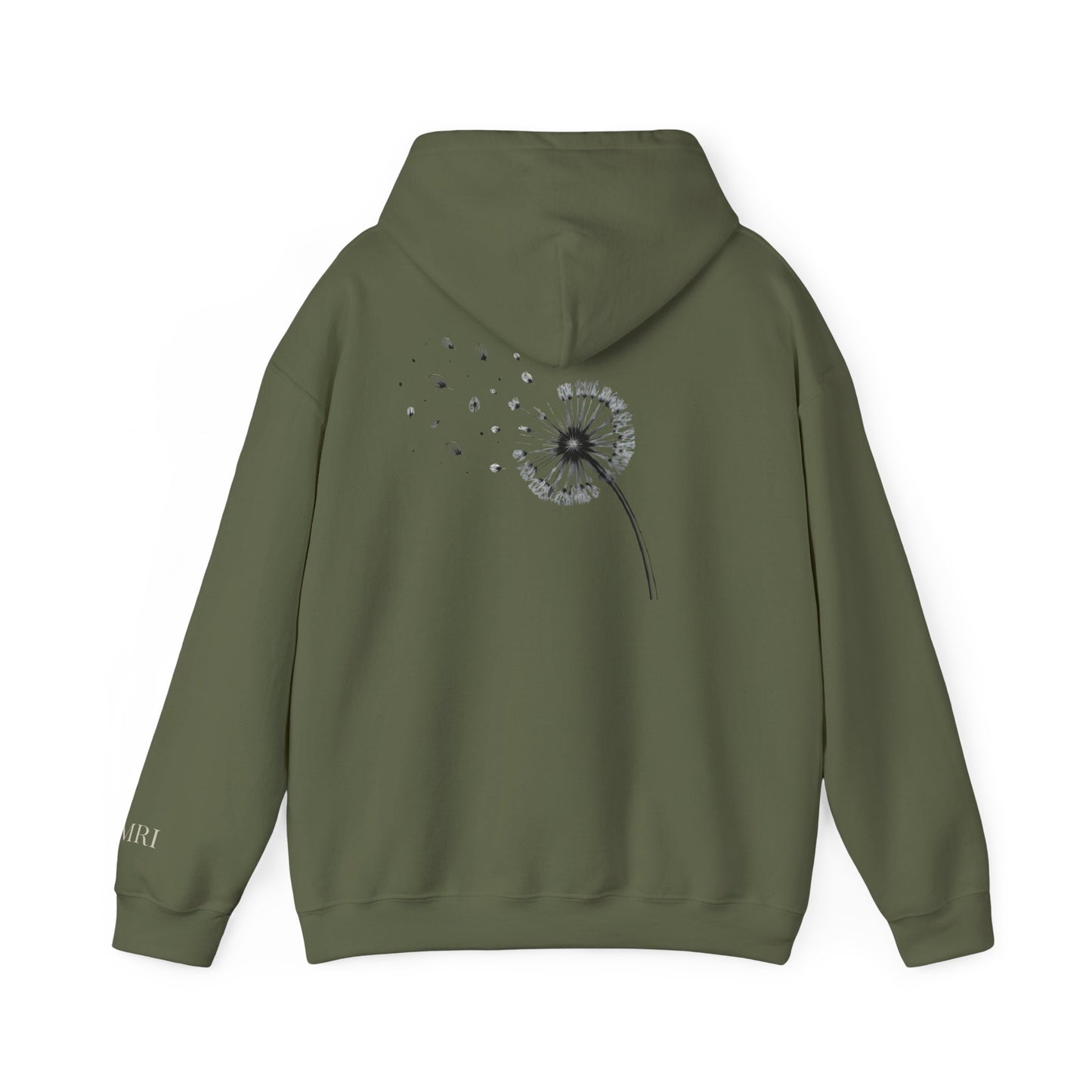 Military green drift different. hoodie with a dandelion graphic on the back against a white background