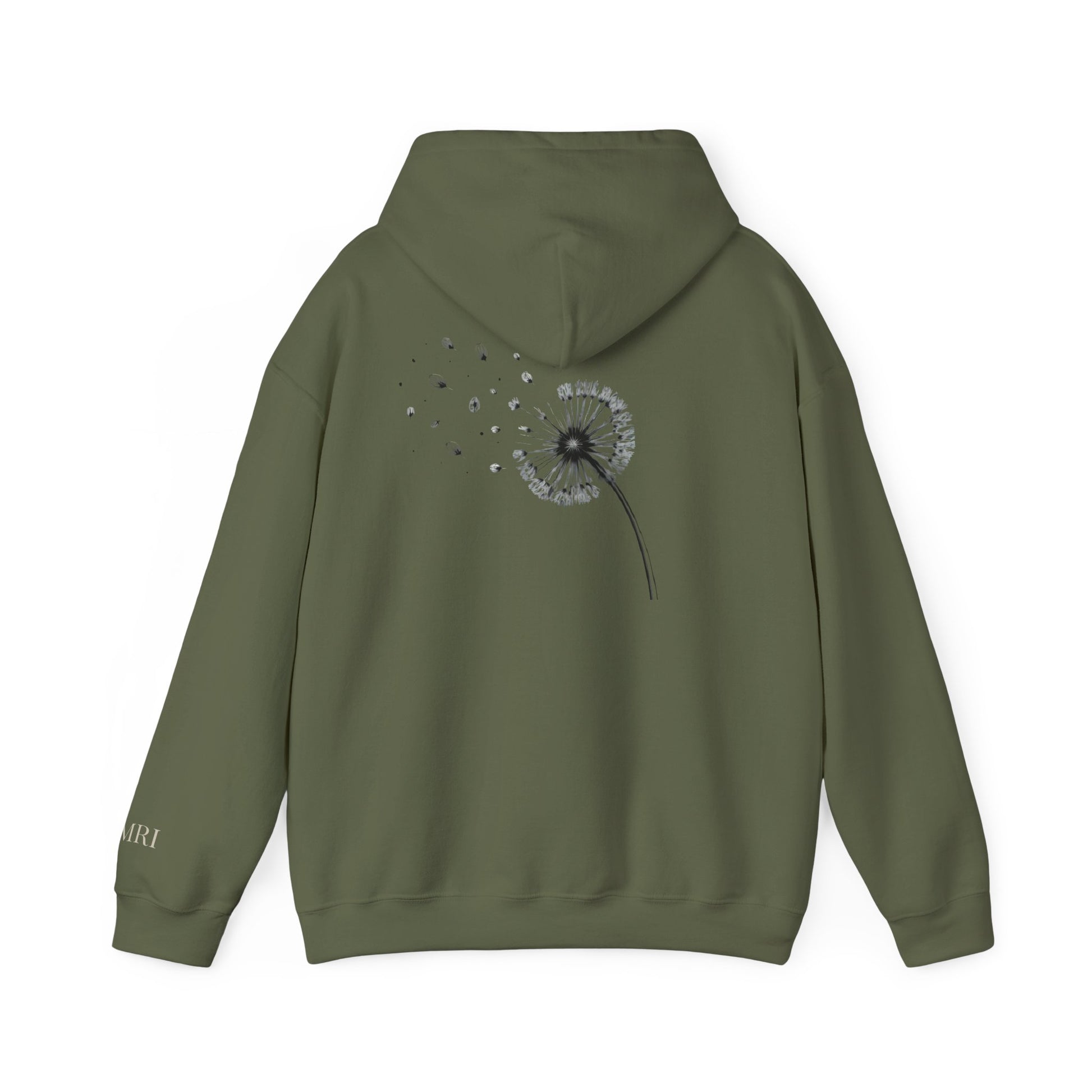 Military green drift different. hoodie with a dandelion graphic on the back against a white background