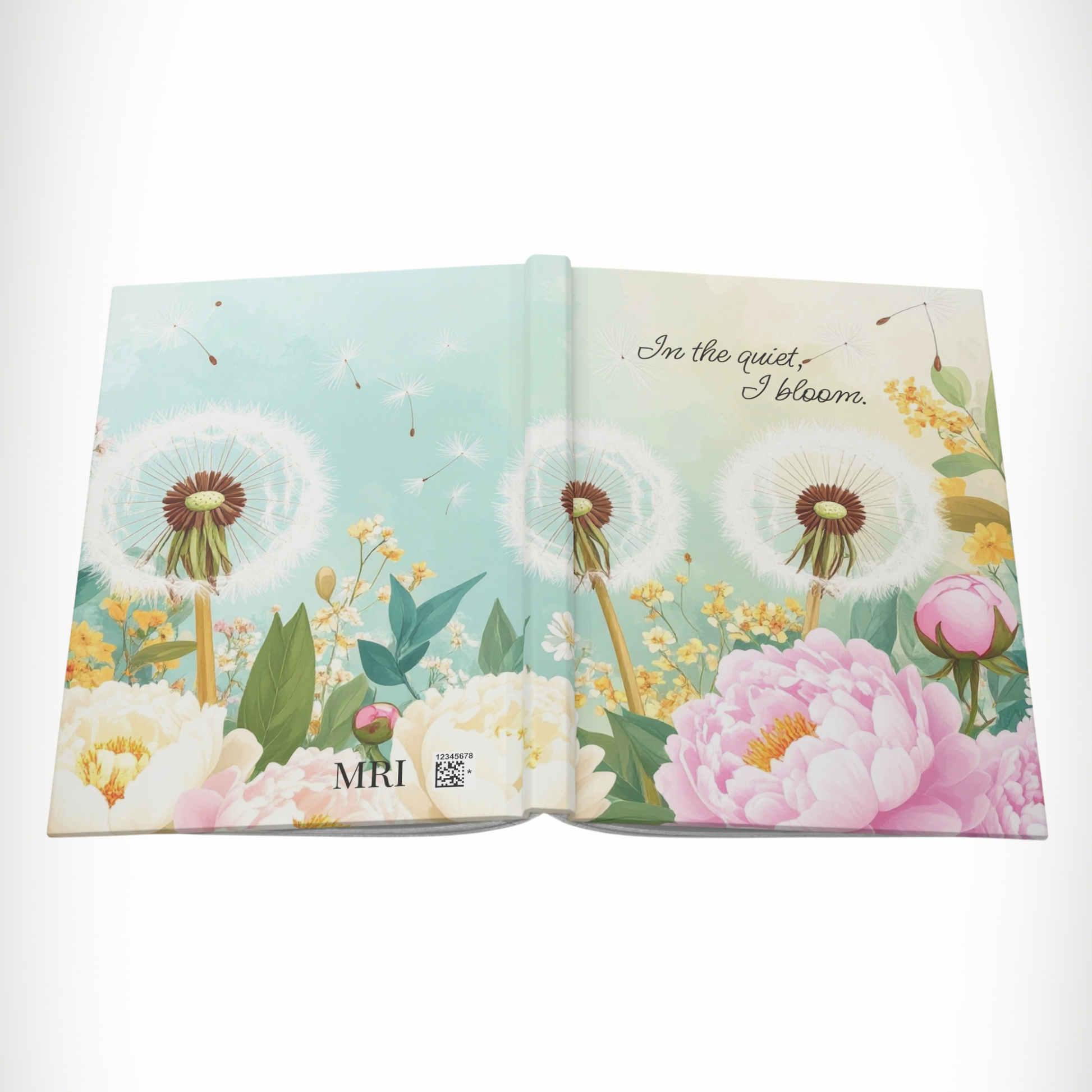 Flat lay of hardcover journal with wraparound floral design and matte finish.