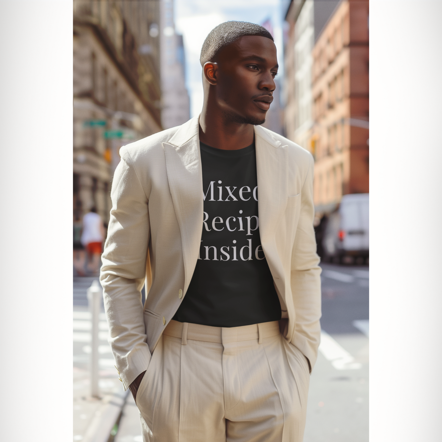 Handsome man wearing a beige suit over a black Signature Tee, standing on a city street.