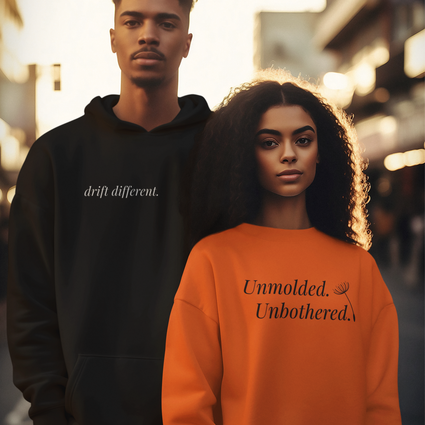Two people standing together outside in the twilight, one wearing a black hoodie, one wearing an orange sweatshirt with bold Unmolded. Unbothered. text