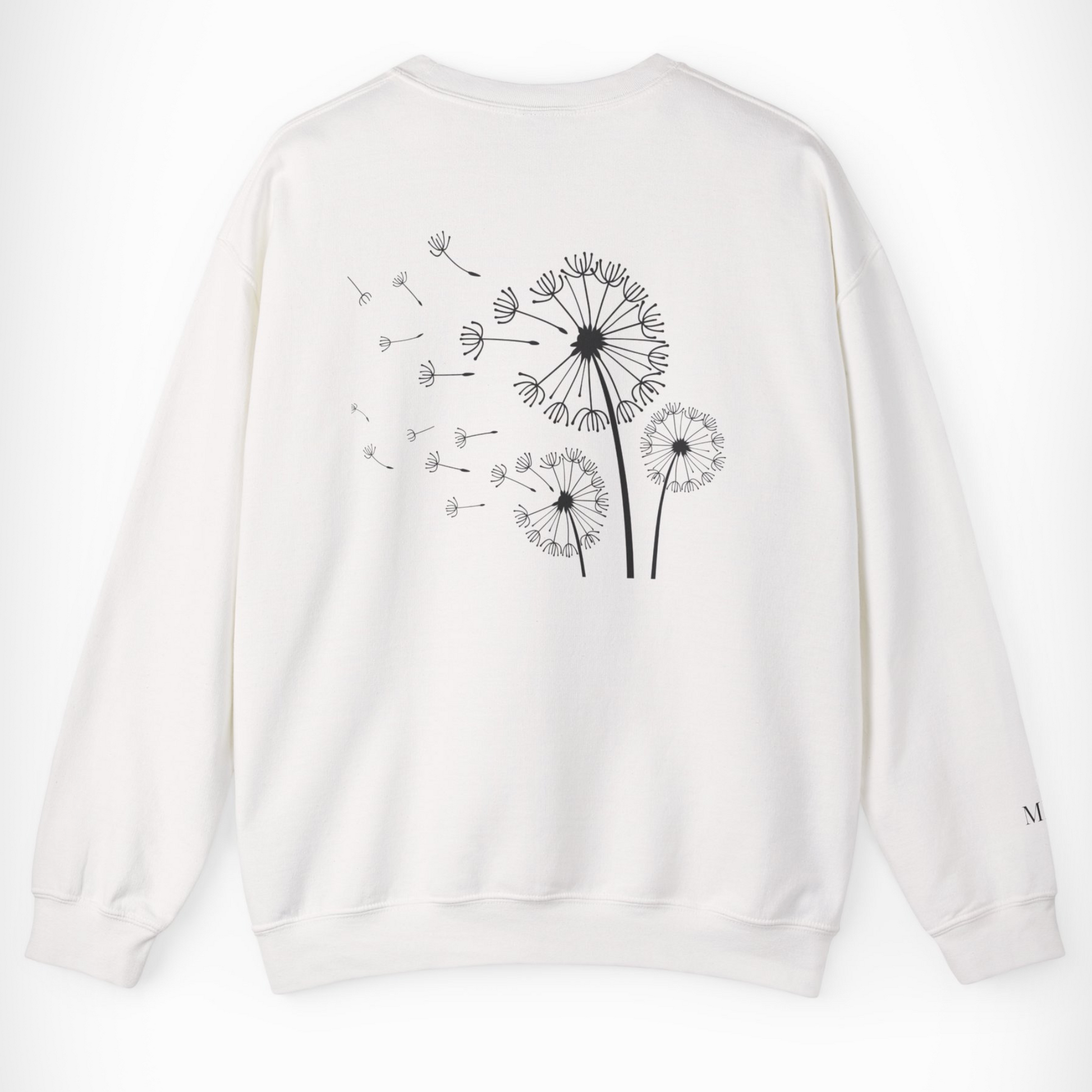 White sweatshirt with black "Dandelions 3" graphic on back, with a clean background