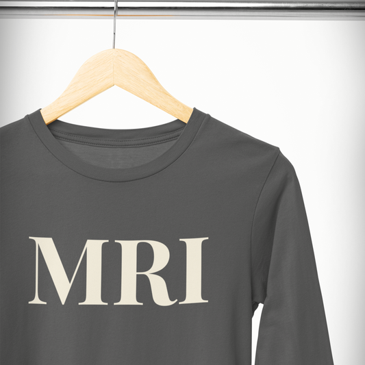 Gray long-sleeve tee with 'MRI' printed on it hanging on a wooden hanger, with a light background