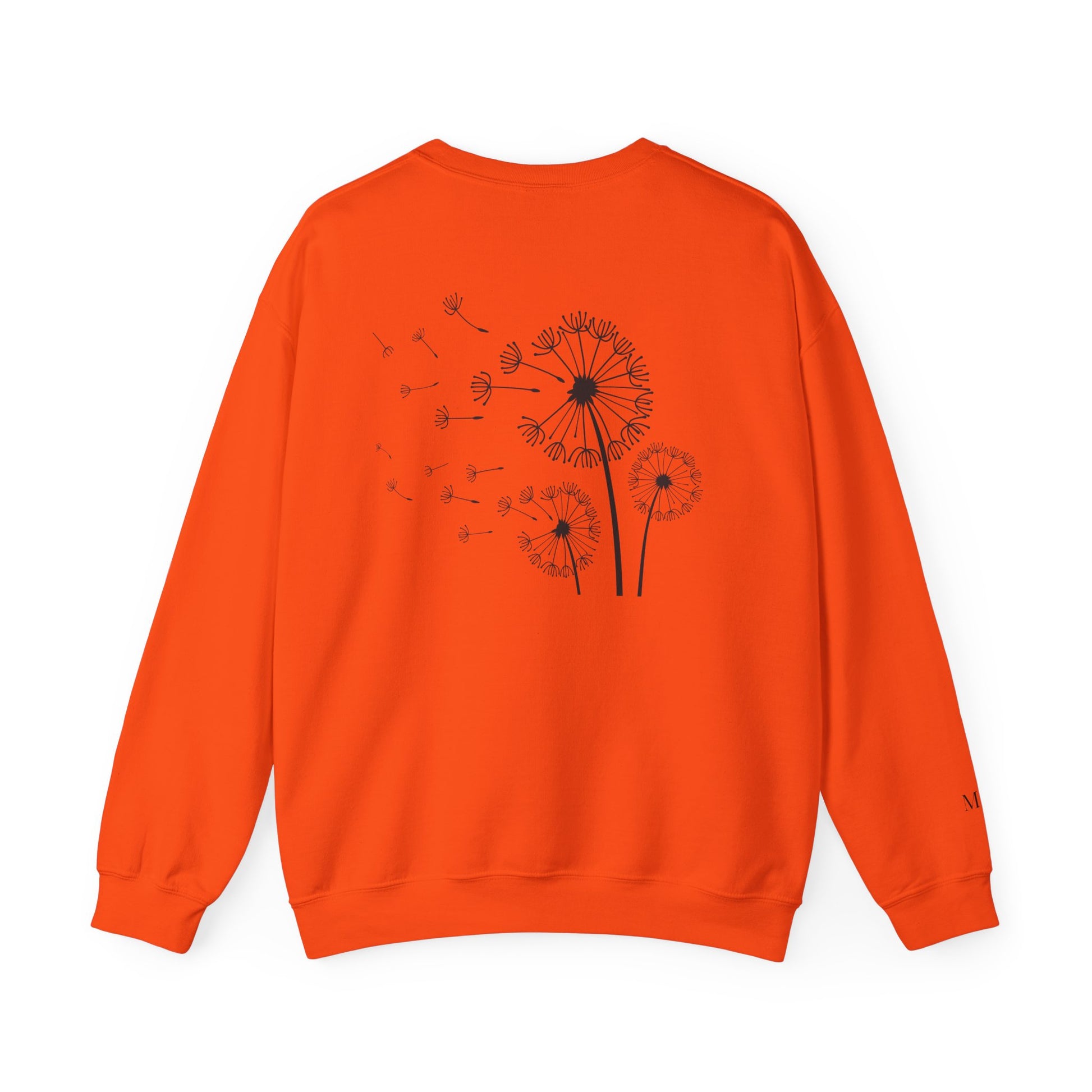 Orange sweatshirt with black "Dandelions 3" graphic on back, with a clean background