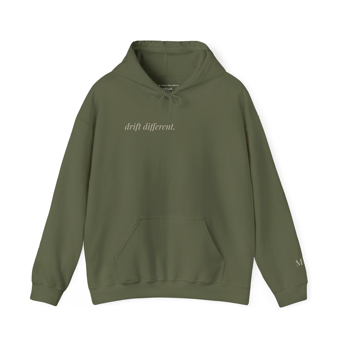 Military green drift different. hoodie, front facing, with minimalist chest print, on a white background