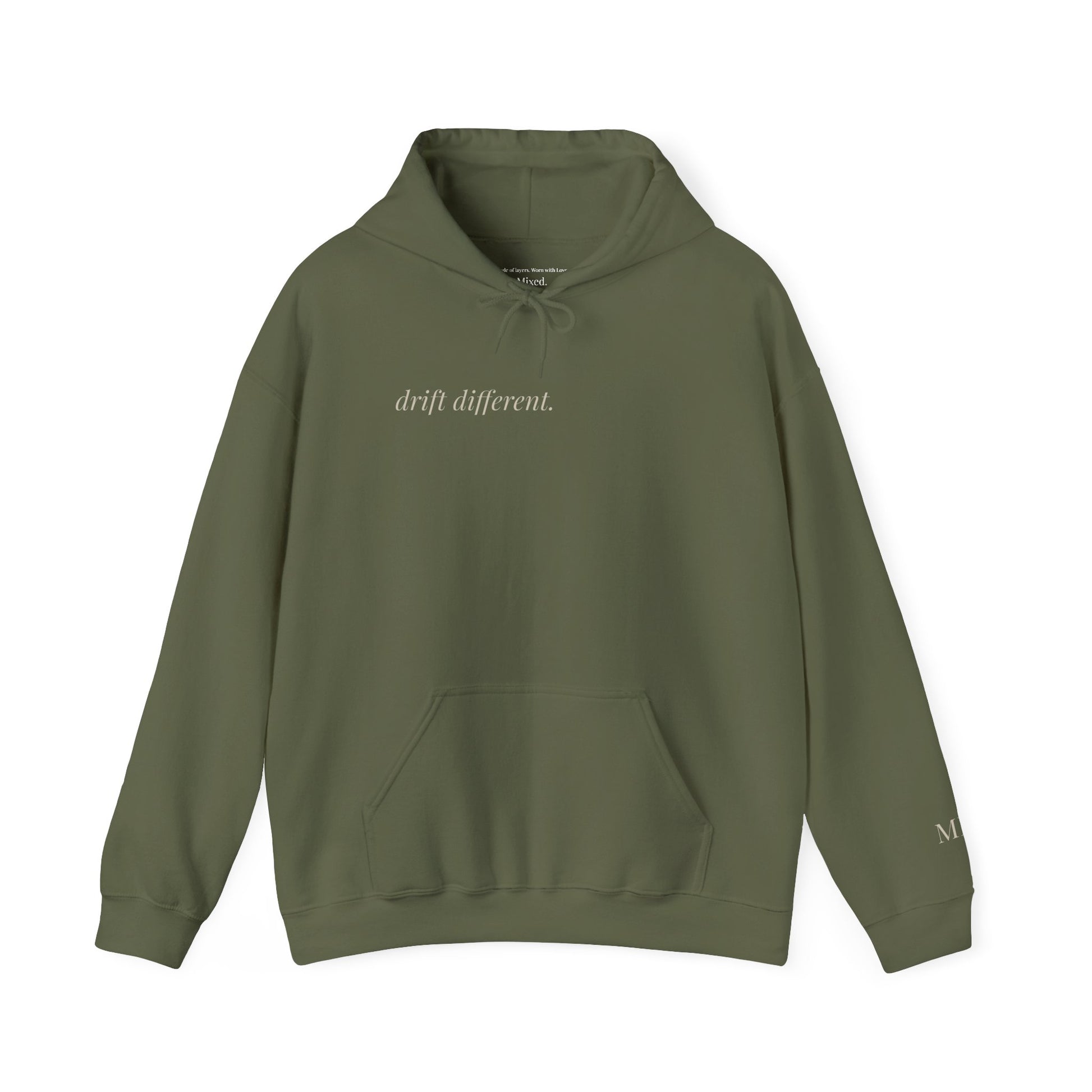 Military green drift different. hoodie, front facing, with minimalist chest print, on a white background