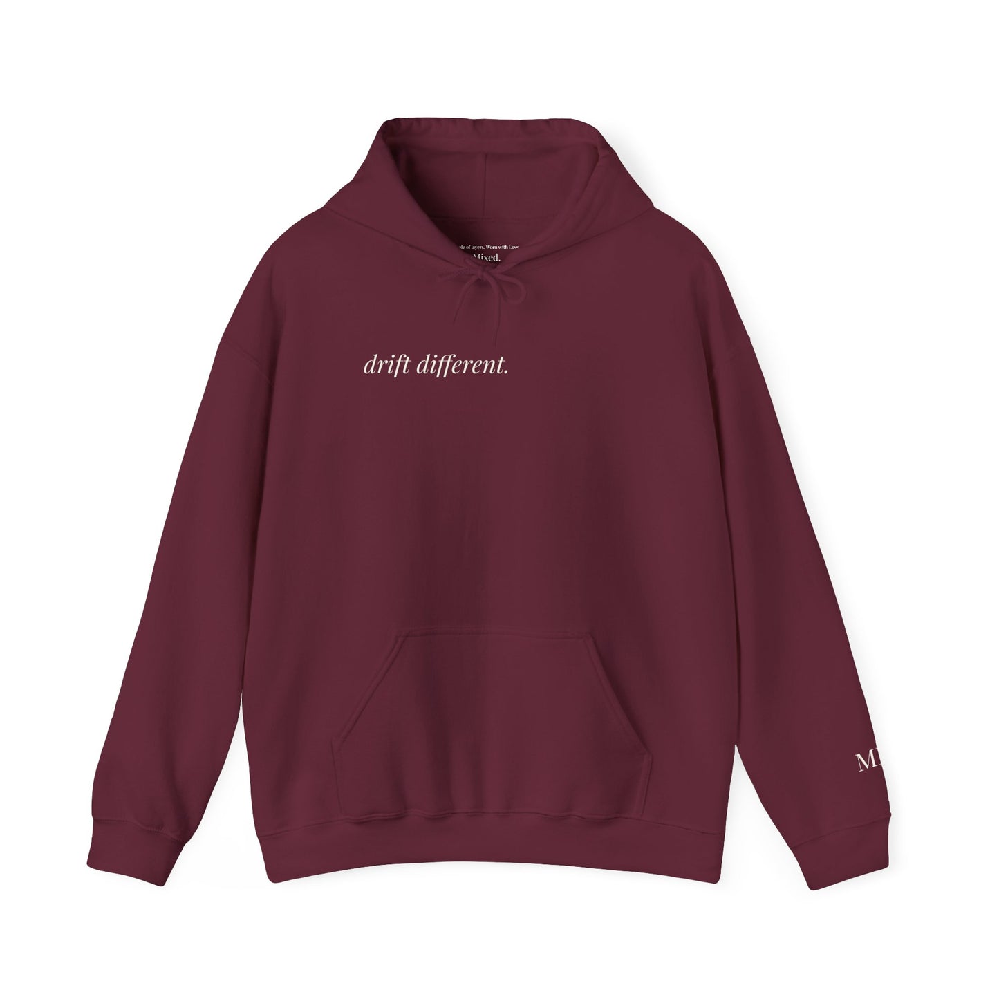Maroon drift different. hoodie, front facing, with minimalist chest print, on a white background