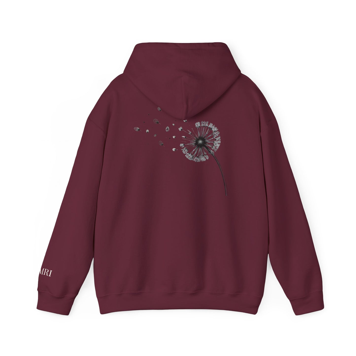 Maroon drift different. hoodie with a dandelion graphic on the back against a white background