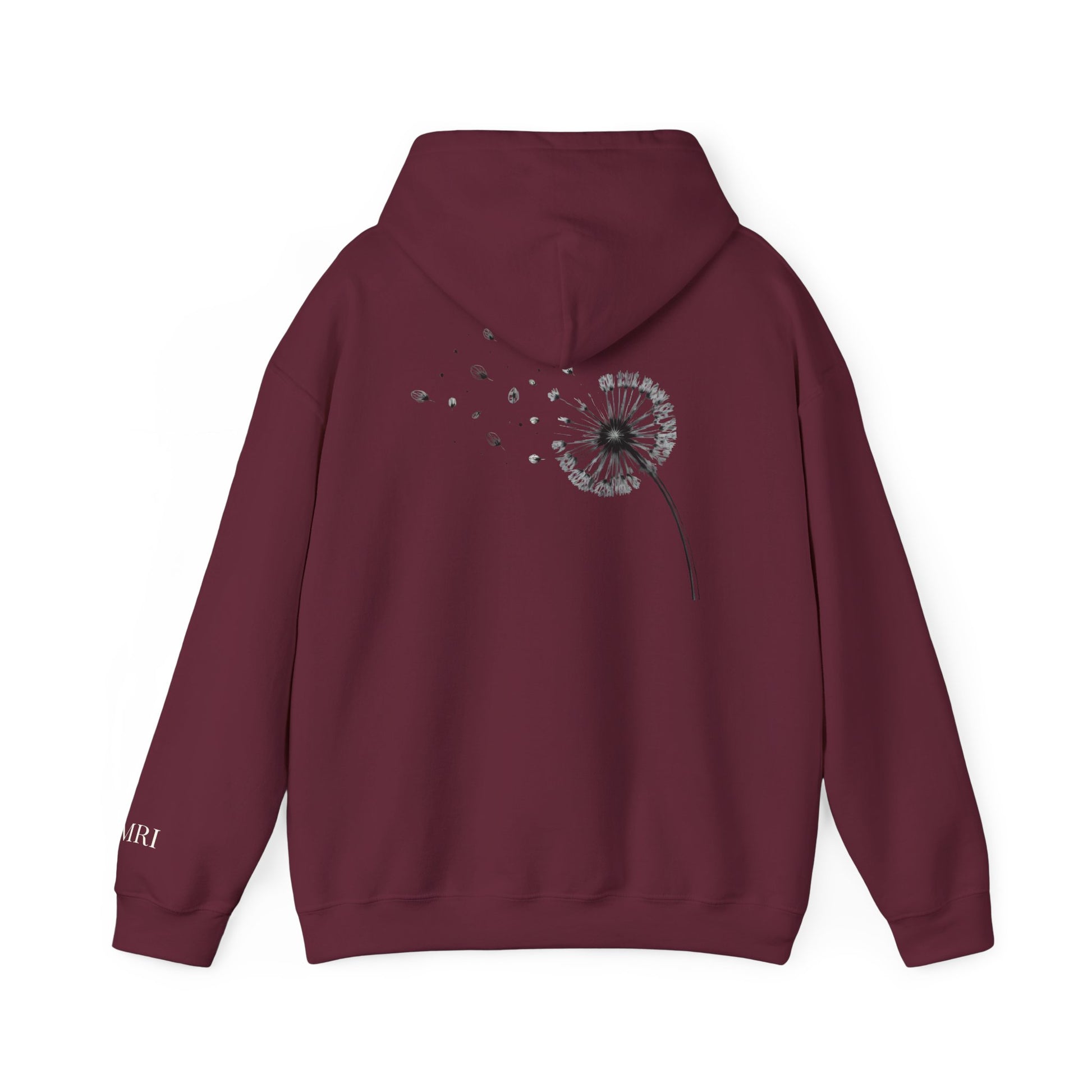 Maroon drift different. hoodie with a dandelion graphic on the back against a white background