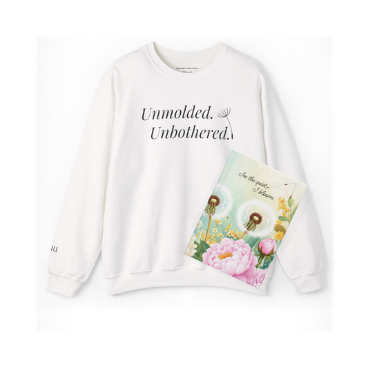 Flat-lay of the Quiet Power Pair bundle:  Unmolded. Unbothered. white sweatshirt paired with the hardcover In the Quiet I Bloom journal, styled minimal against a clean backdrop.